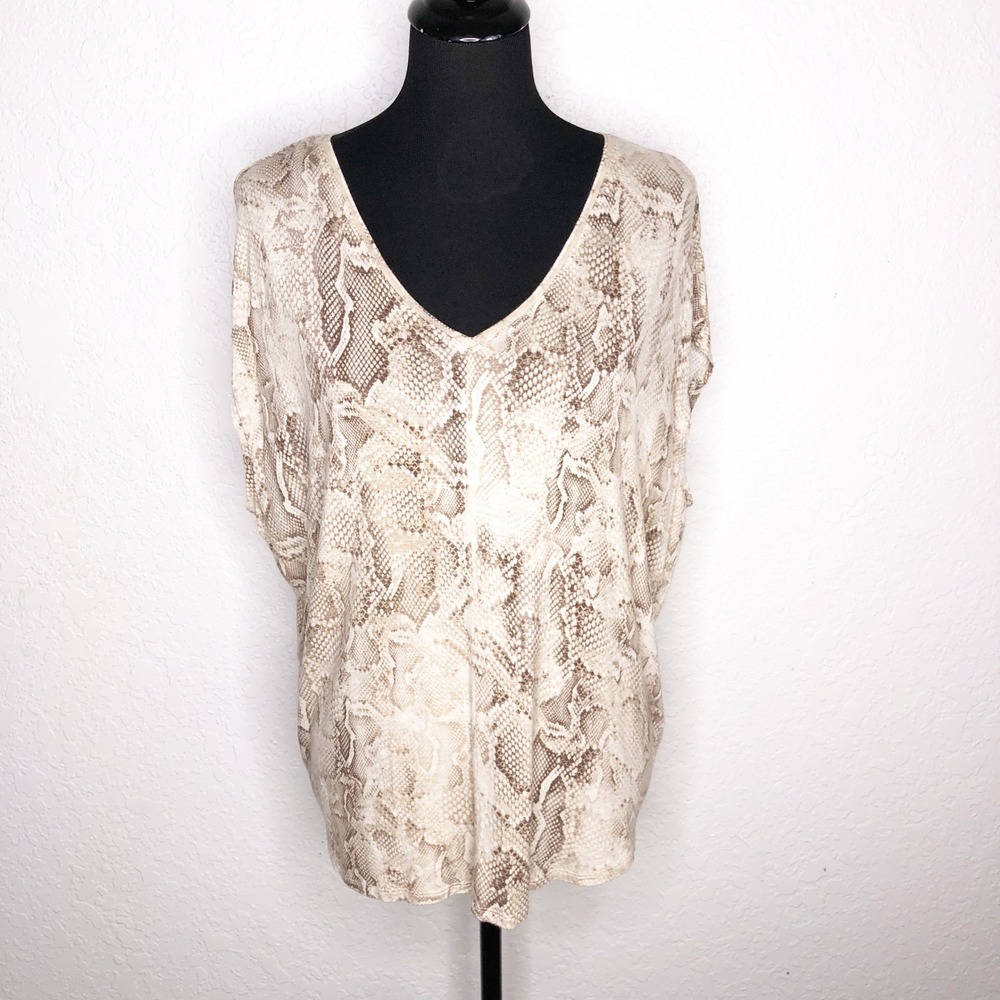 White House Black Market Snakeskin V-Neck Dolman Sleeve Top Tan Brown Medium